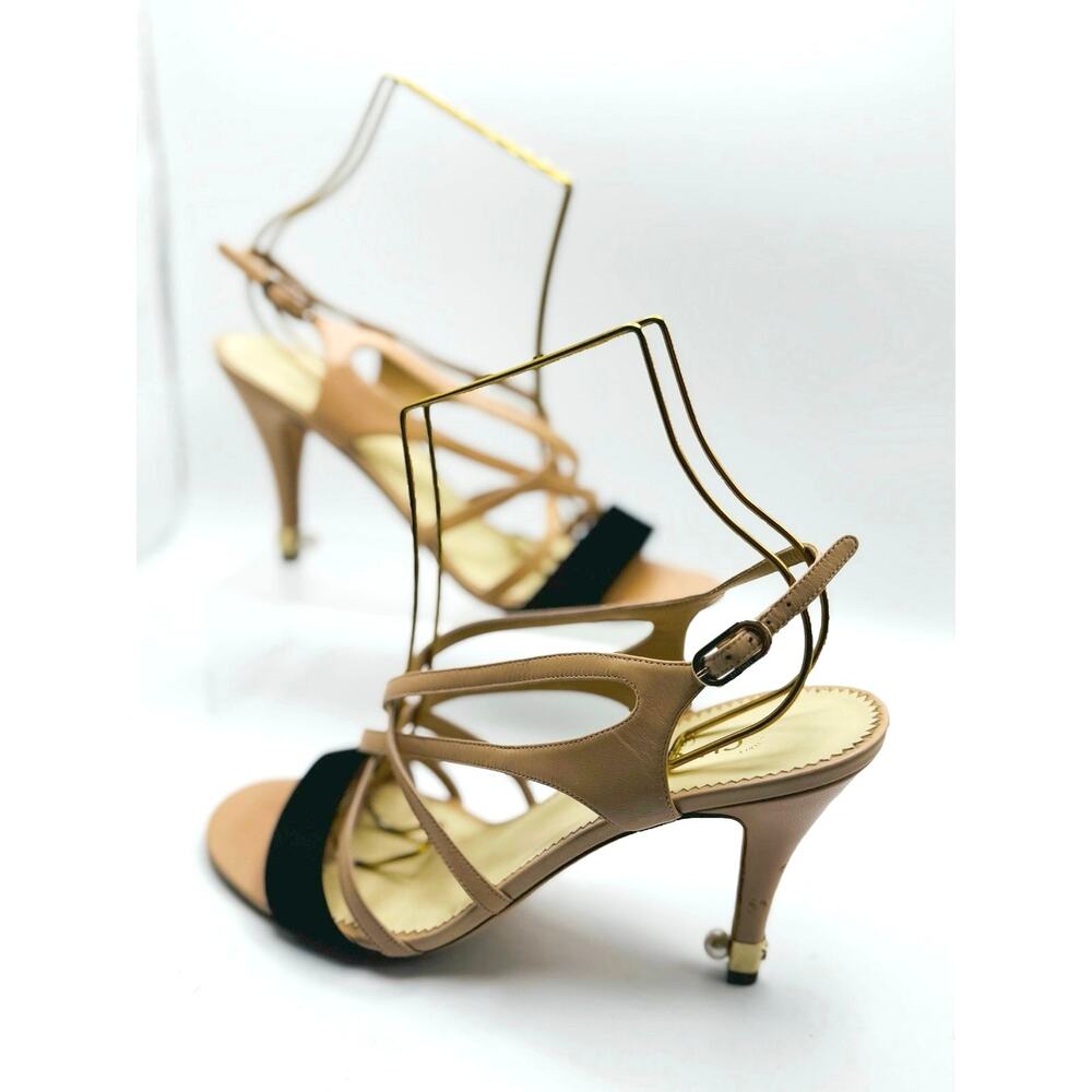 Chanel Beige Pearl Heel Sandals Strappy Sculpted Designer Chic Size IT 39.5